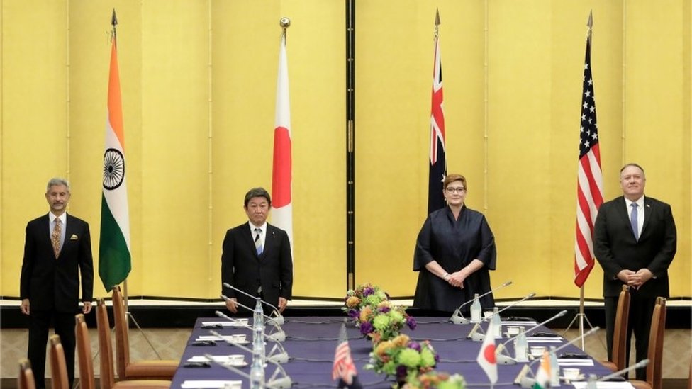 Indian Foreign Minister Subrahmanyam Jaishankar, Japan"s Foreign Minister Toshimitsu Motegi, Australia"s Foreign Minister Marise Payne and U.S. Secretary of State Mike Pompeo pose for a picture prior the Quad ministerial meeting in Tokyo, Japan October 6, 2020