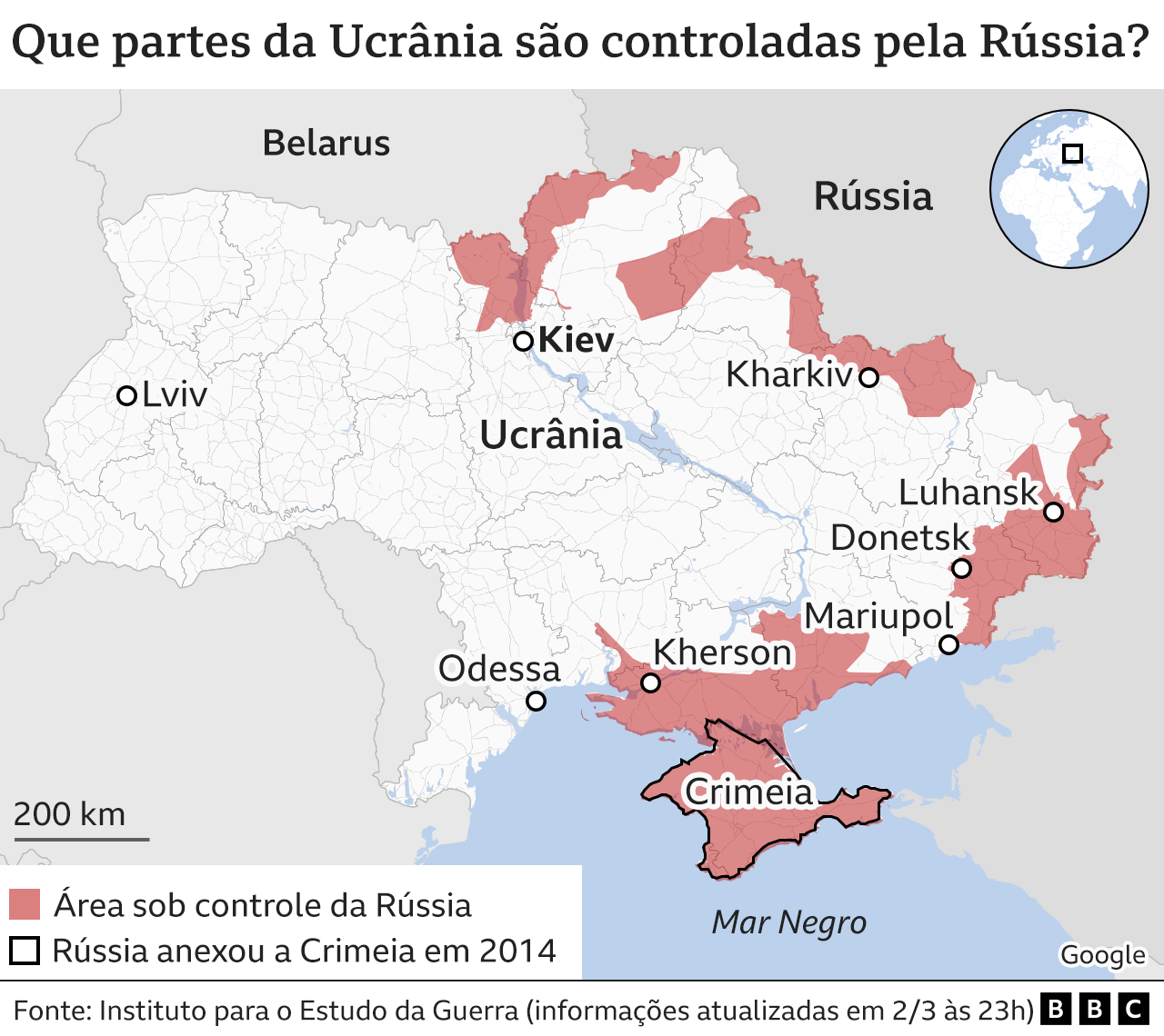 Mapa mostra regiões da Ucrânia dominadas pela Rússia
