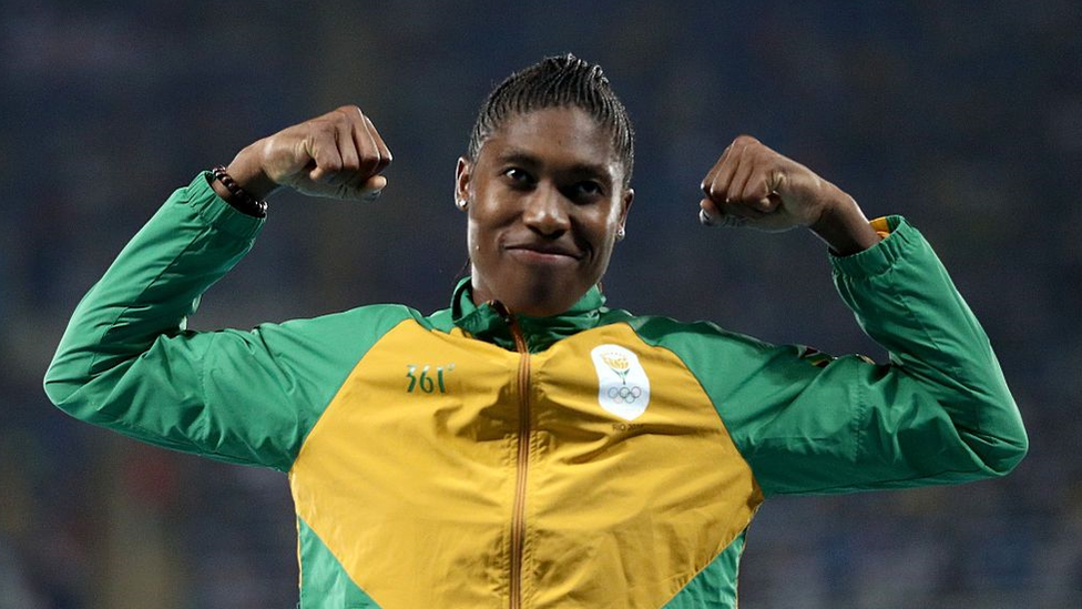 Caster Semenya celebrates a win with her trademark 