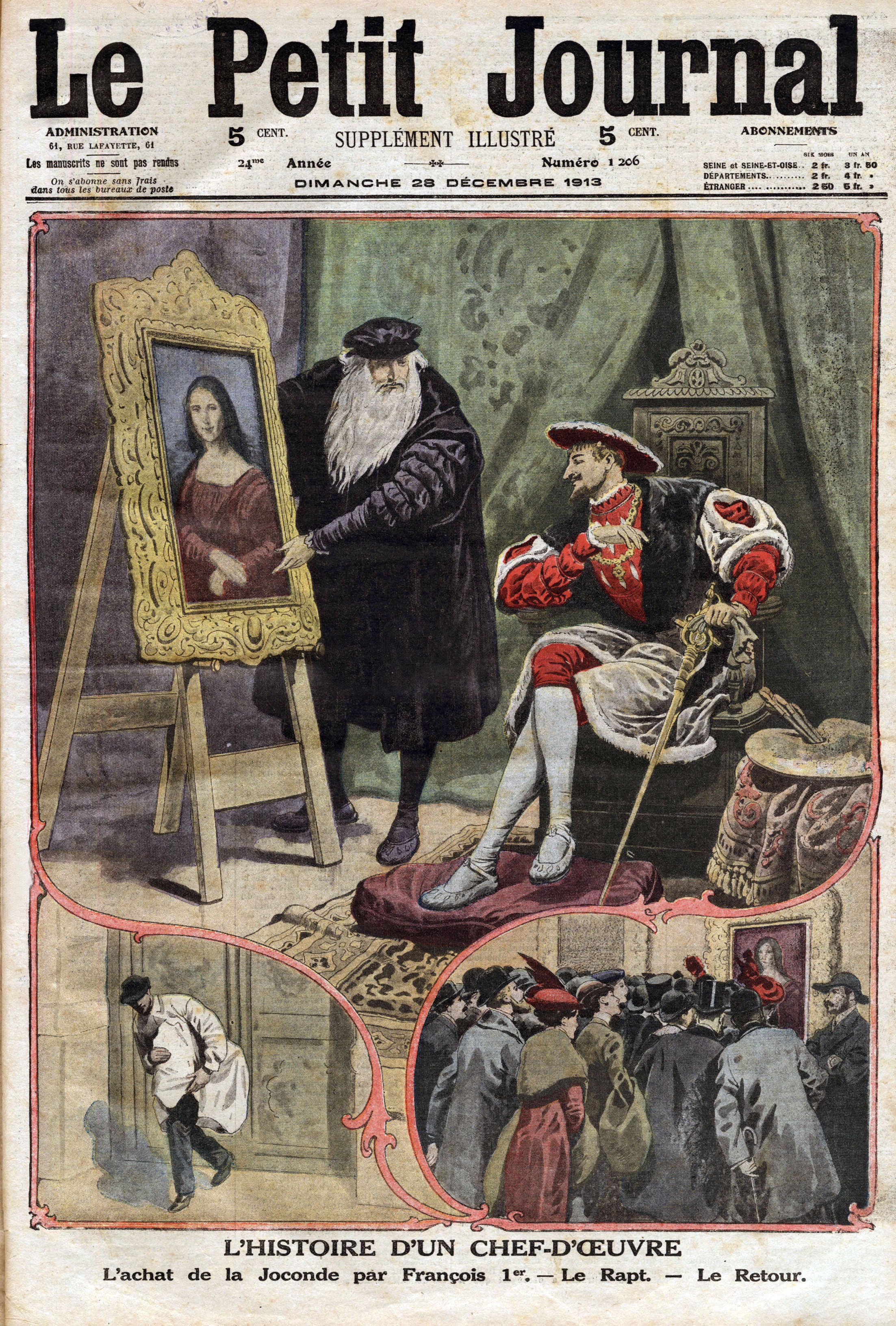 La compra de la Mona Lisa de Da Vinci por el rey francés Francois I, en la portada del diario francés "Petit Journal" de diciembre de 1913, tras el regreso de la obra al museo.