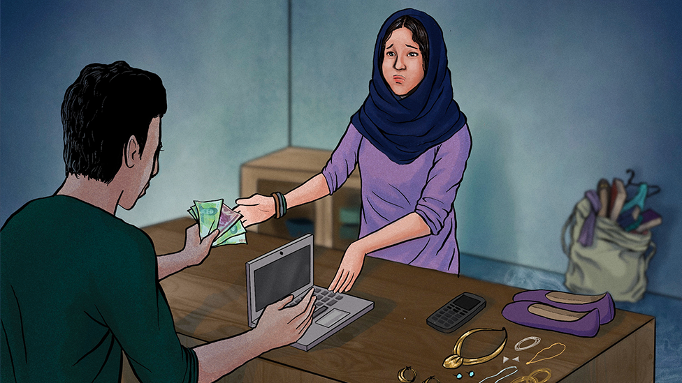 A woman selling some of her belongings (laptop, jewelry and concerts) to a man who hands her some money.