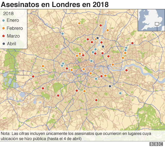 Mapa de Londres que indica dónde ocurrieron los asesinatos.