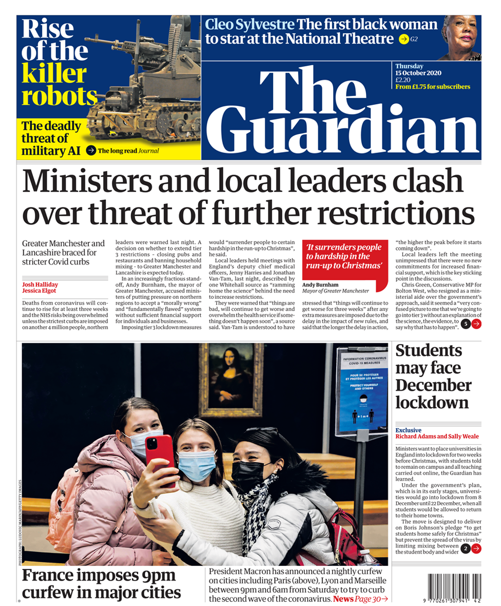 Guardian front page 15/10/20