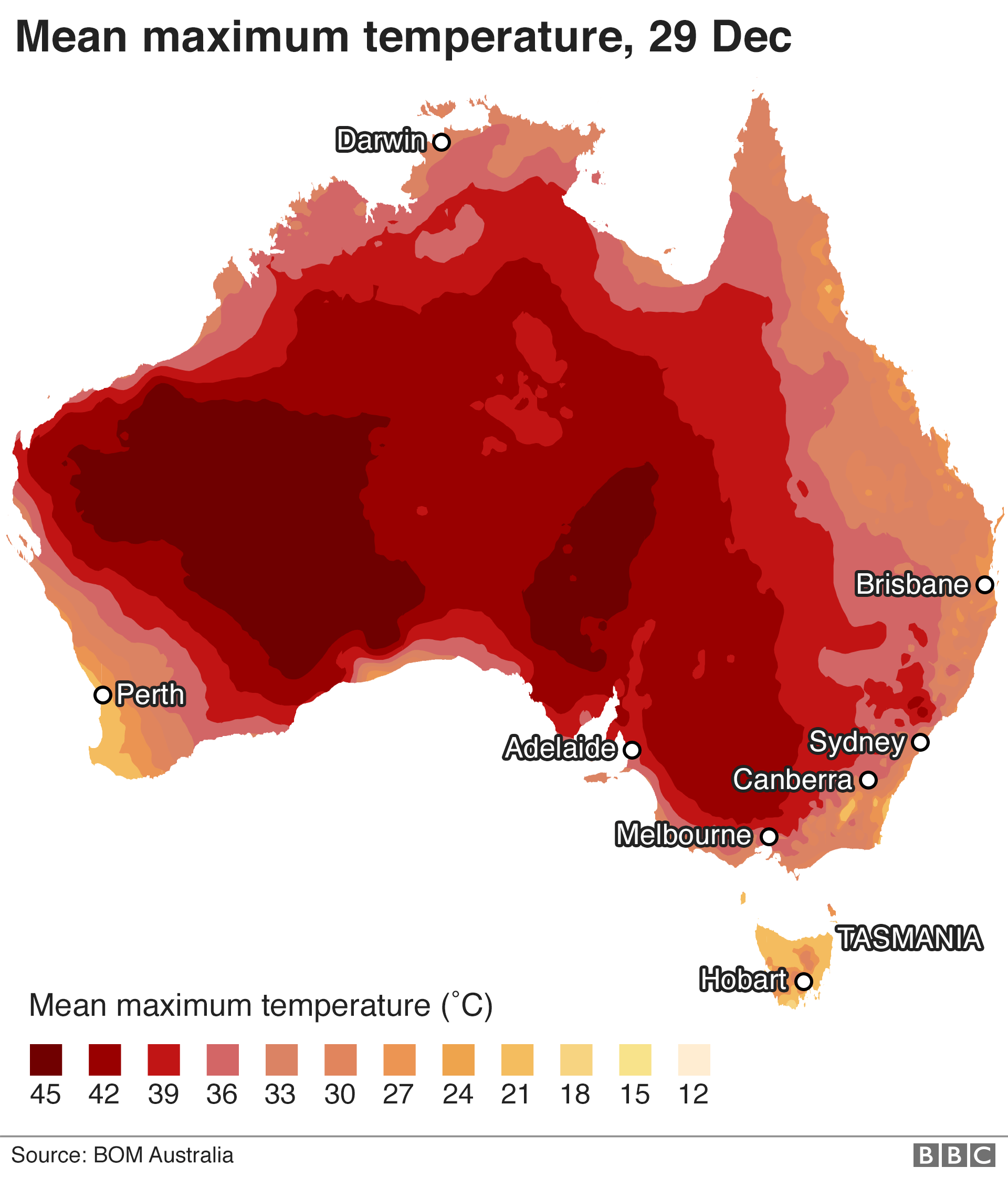 Карта, показывающая средние максимальные температуры по Австралии на 29 декабря 2019 года