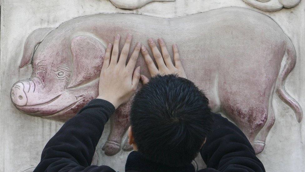 Мужчина потирает руки о скульптуру свиньи на удачу