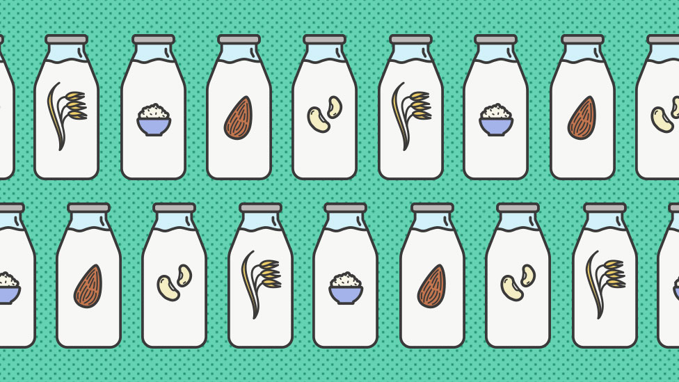 Ilustración con botellas de leche y semillas vegetales.