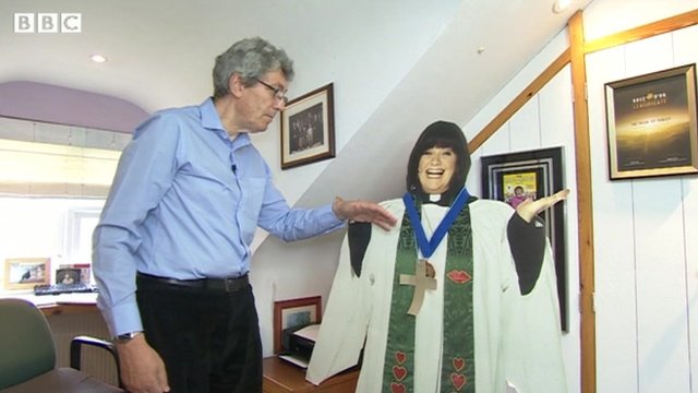 Paul Mayhew-Archer and a cutout of the Vicar of Dibley