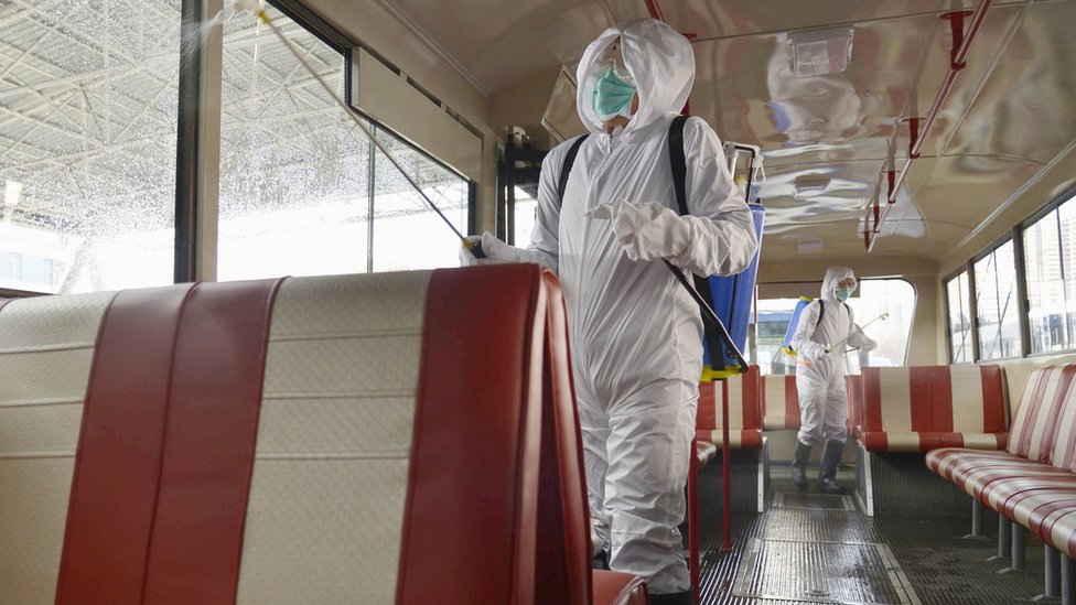 A trolley bus is disinfected amid fears over the spread of the novel coronavirus in Pyongyang, North Korea, in this photo taken on February 22, 2020