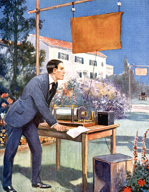 Marconi empezó sus experimentos en casa de sus padres. Ilustración de Marconi haciendo experimentos en el jardín
