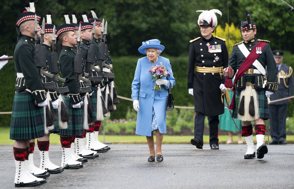 Queen Elizabeth II attending the Ceremony of the Keys on the forecourt of the Palace of Holyrood House in Edinburgh, as part of her traditional trip to Scotland for Holyrood Week, 28 June 2021