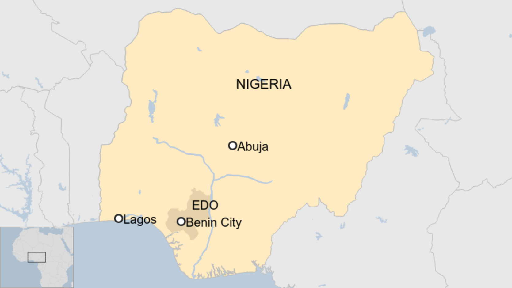 Un mapa que muestra Nigeria y la ciudad de Benin