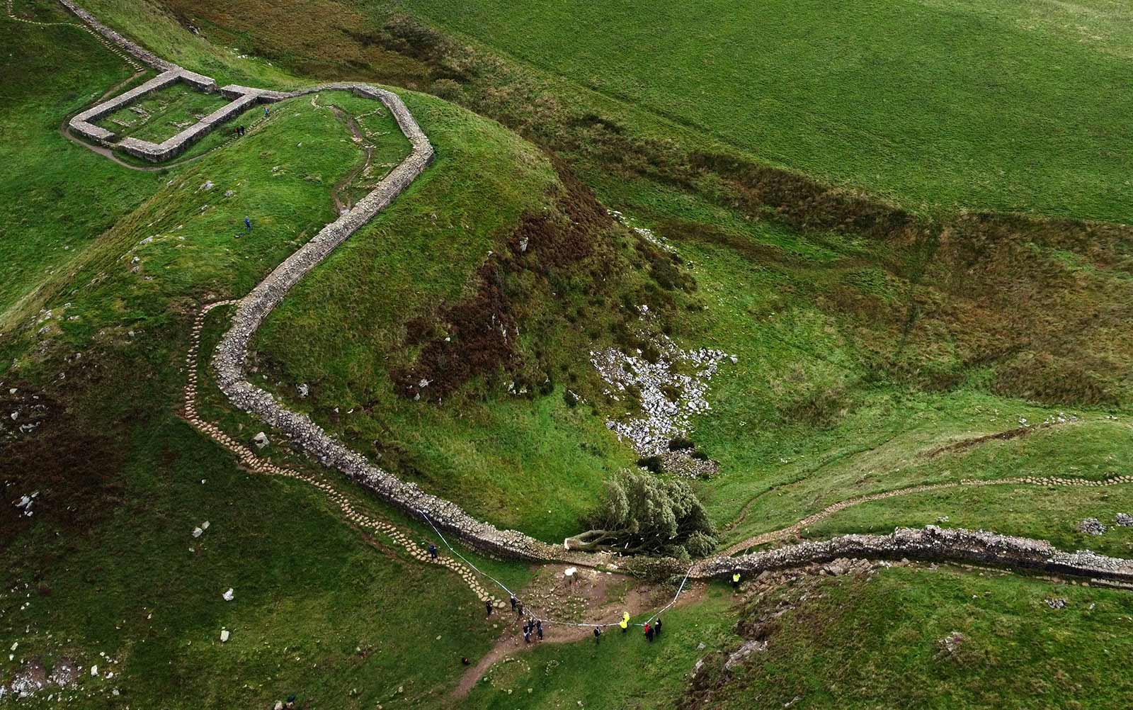 An aerial view shows the felled Sycamore Gap tree, along Hadrian's Wall, near Hexham, northern England