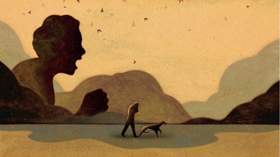 Illustration showing a child in silhouette screaming, as an adult walks past with a dog