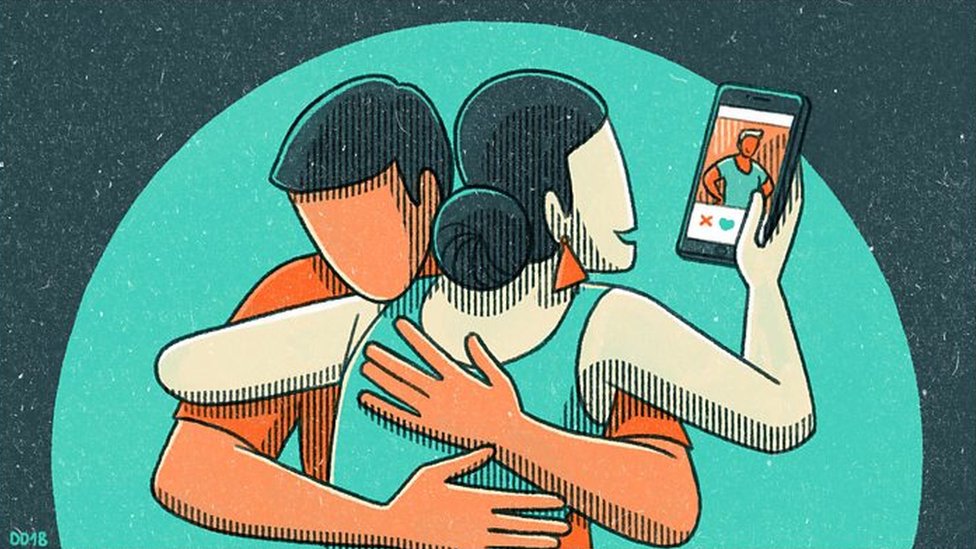 ilustración: pareja usando smartphone.