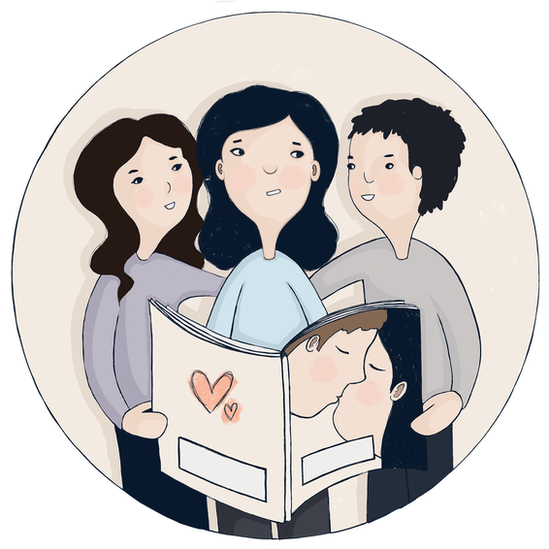 Animation of a family looking at a book about romance