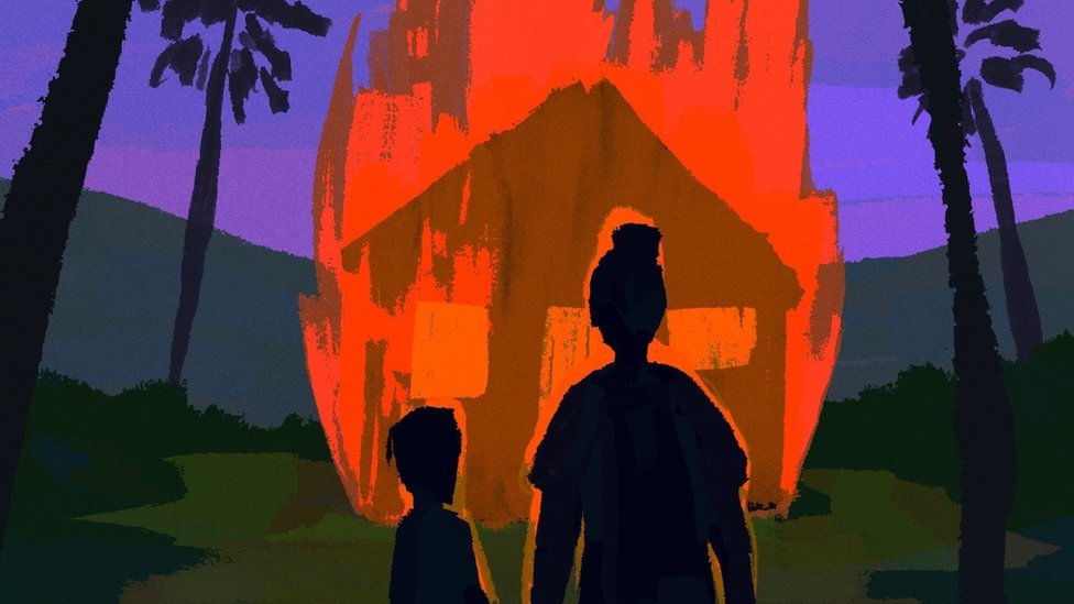 An illustration of a woman and child in front of a burning house surrounded by palm trees.