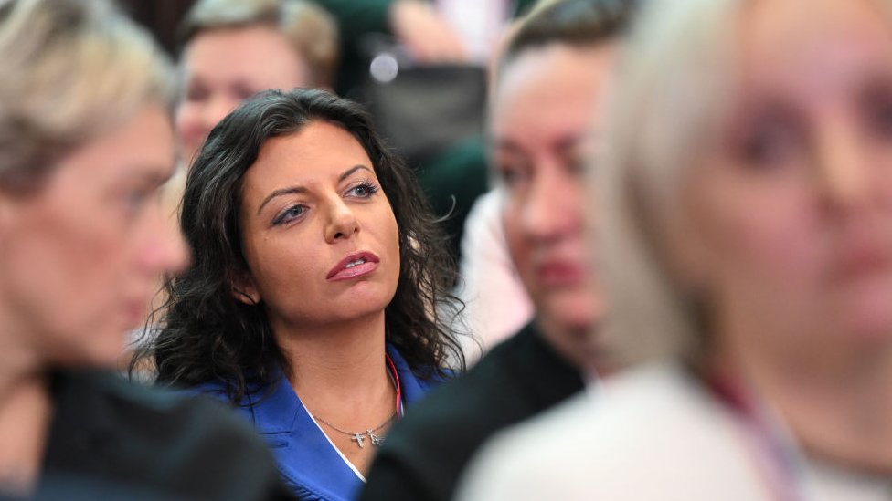 Margarita Simonyan, editor in chief of Russia Today, sits in a crowd of Putin supporters in Moscow on January 31, 2024.