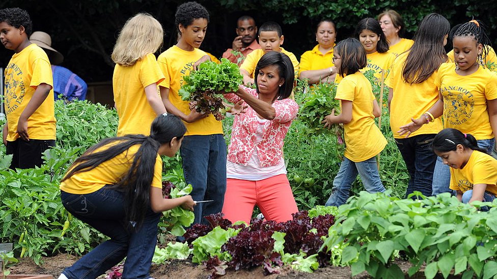 ميشيل أوباما وعدد من التلاميذ في حديقة الخضروات في البيت الأبيض عام 2009