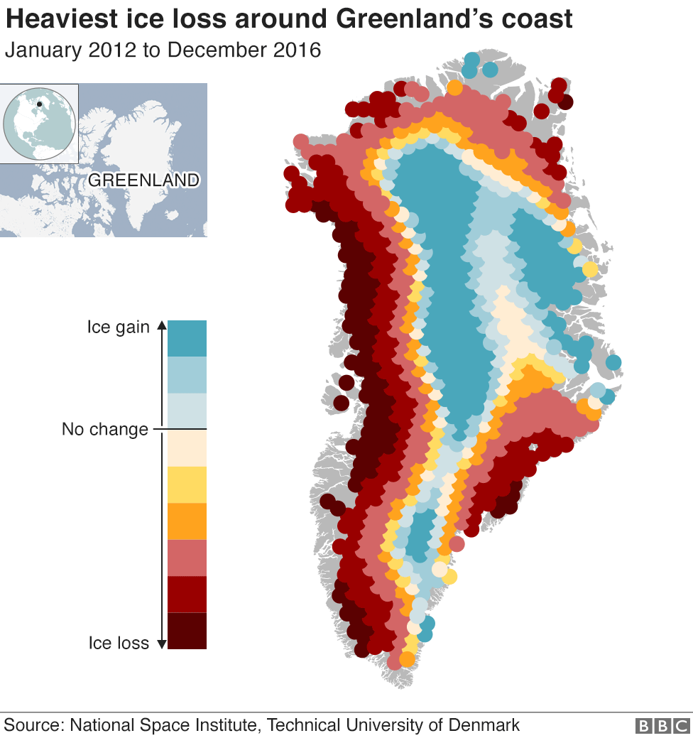 Карта показывает, что наибольшие потери льда были у побережья Гренландии