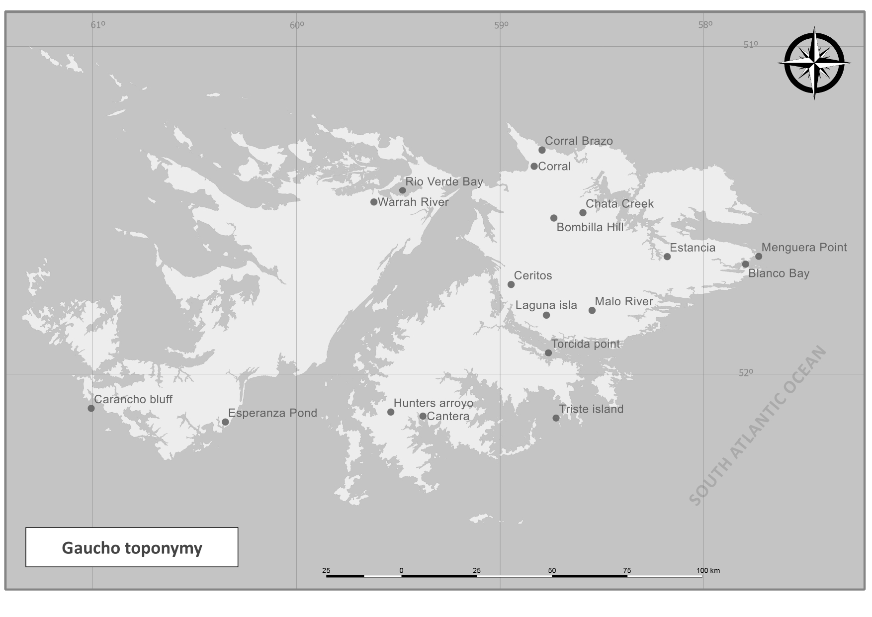 Ejemplos de la herencia que dejaron los gauchos en los topónimos en las islas Malvinas / Falklands.