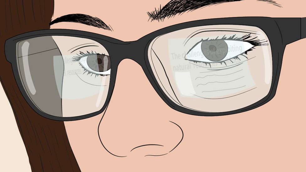 Illustration of a woman with glasses with a screen reflected in the glasses.
