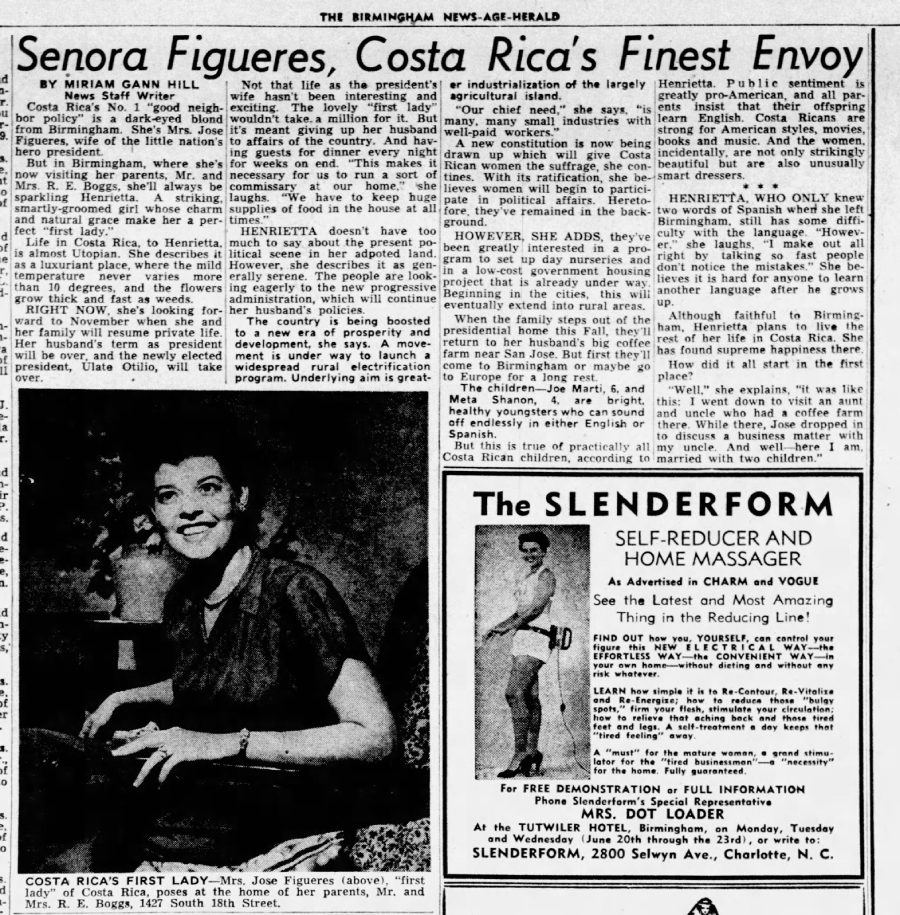 Artículo sobre Henrietta ("Señora Figueres") como enviada especial del periódico Birmingham News a Costa Rica