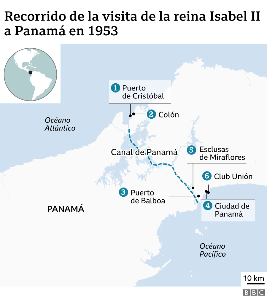 mapa del recorrido de la reina en Panamá, 1953