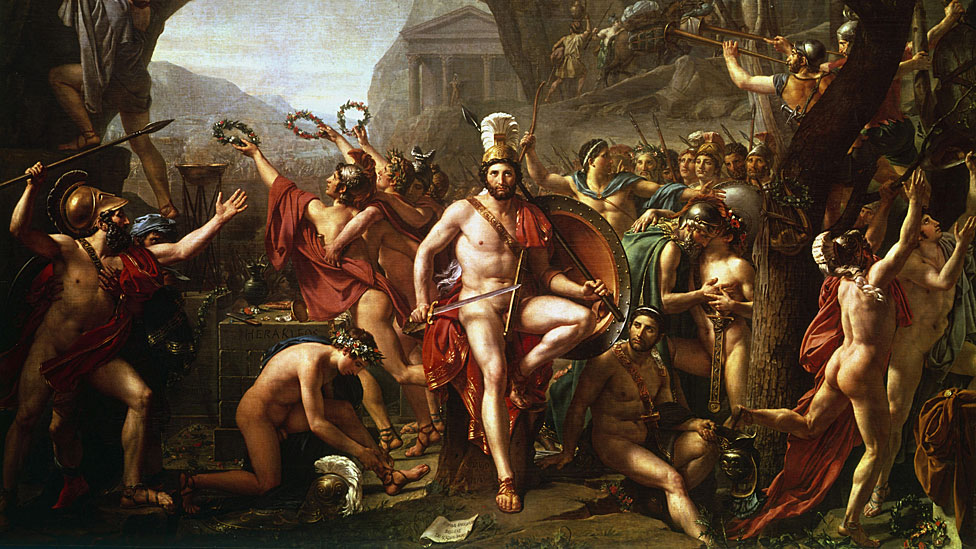 Leonidas en las Termópilas (1814). Leonidas, rey de Esparta, en el pase de las Termópilas con sus hombres luchando contra el ejército persa en una obra del pintor francés Jacques Louis David (1748-1825)