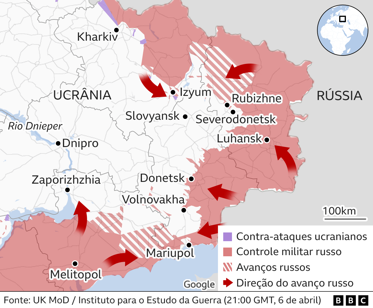 Mapa mostra regiões controladas no leste da Ucrânia