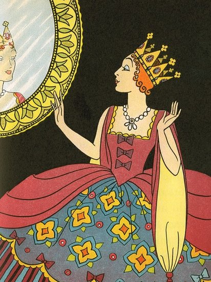 Ilustración antigua del espejo del cuento de Blancanieves.