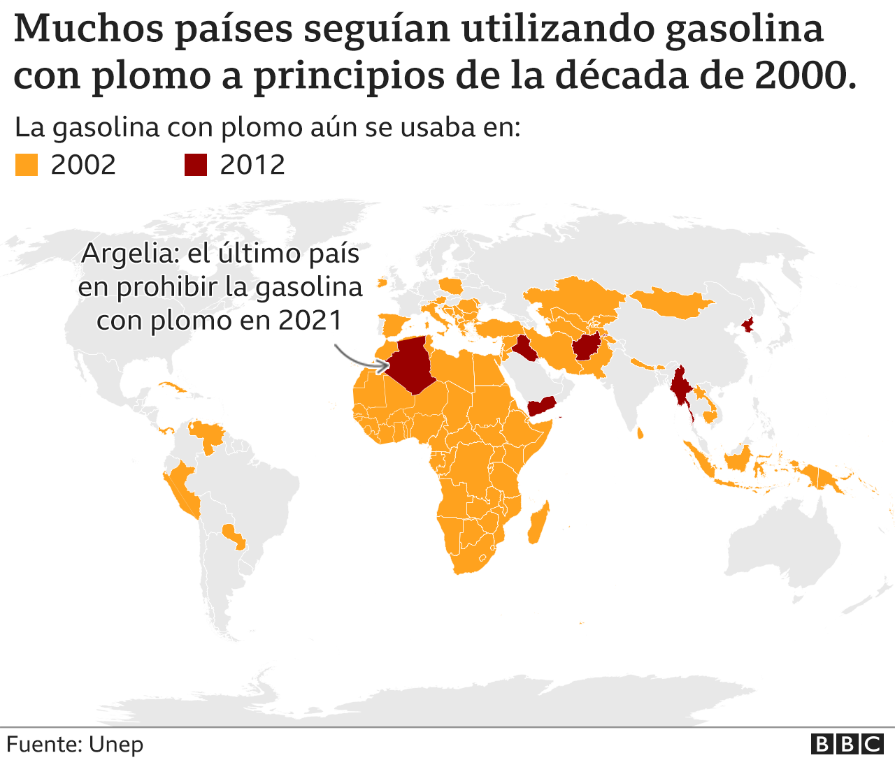 Map with the countries that used unleaded gasoline until 2021.