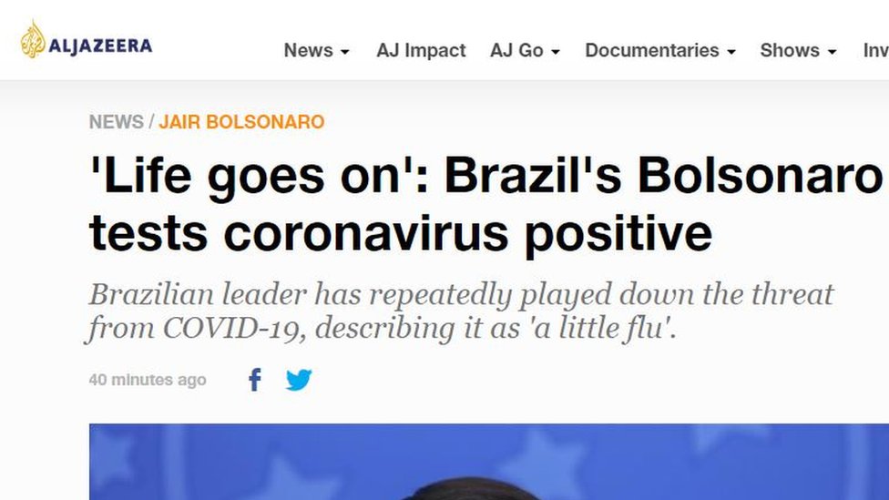 Reportagem da emissora Al Jazeera sobre diagnóstico positivo de Jair Bolsonaro