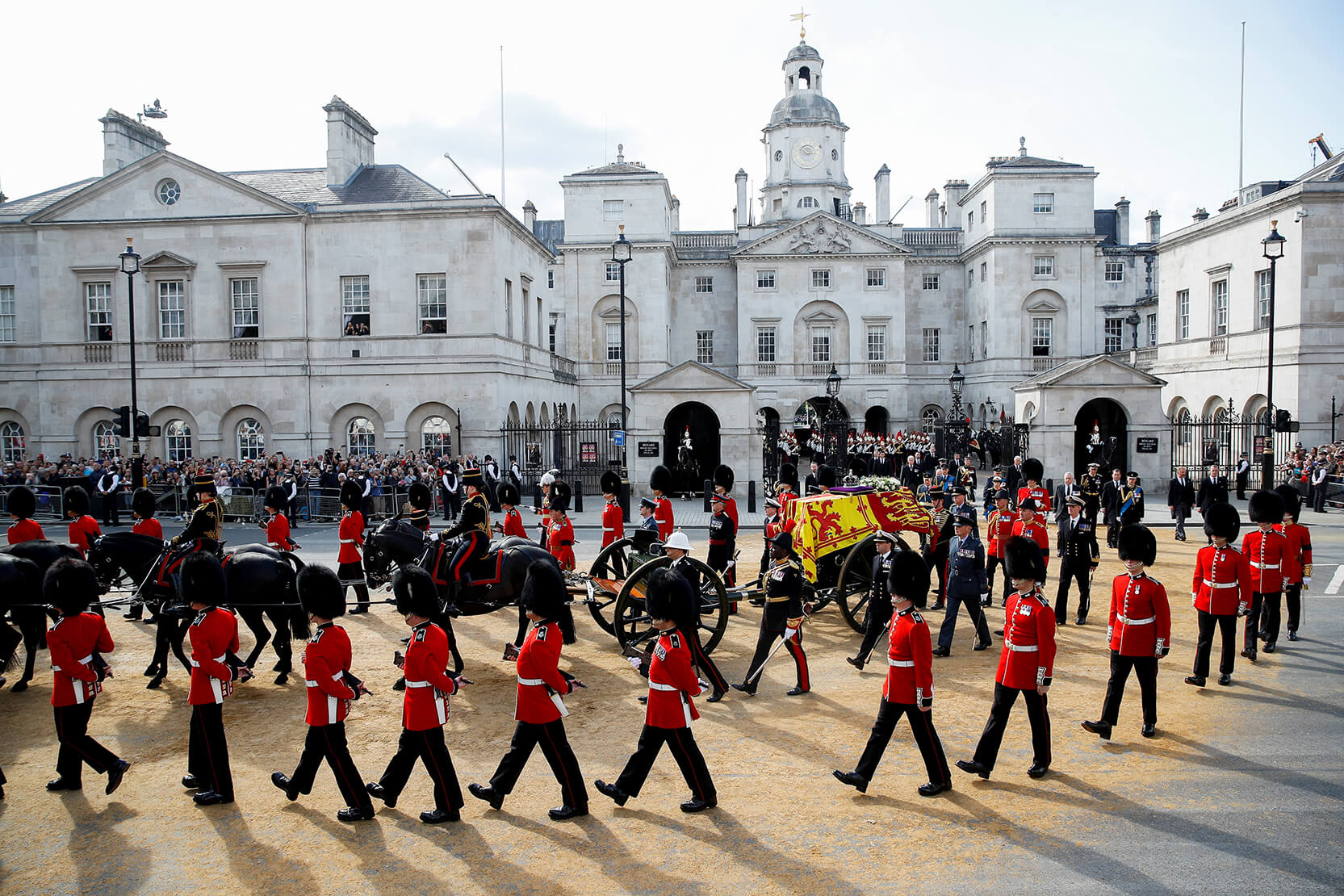 The procession going through Horse Guards Arch before turning on to Whitehall