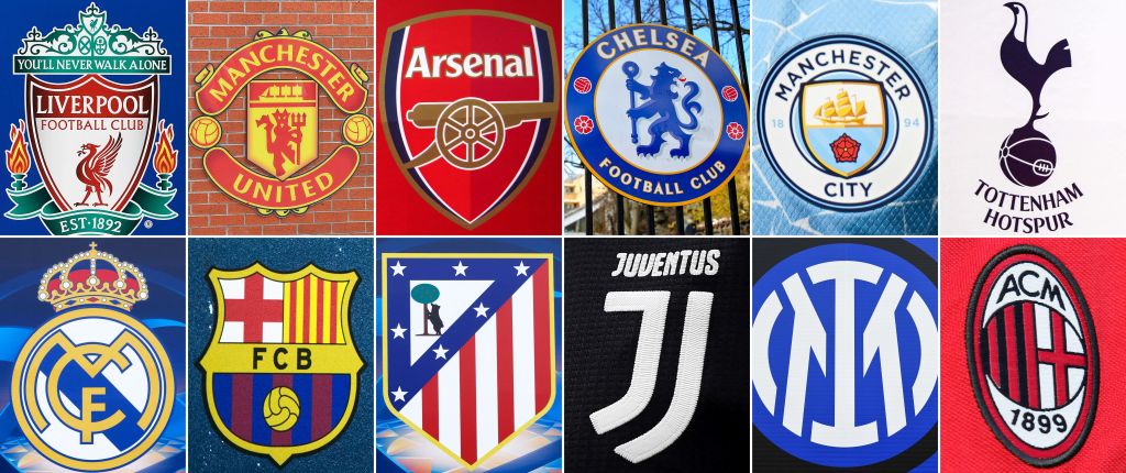 Los doce clubes fundadores de la competición: Liverpool, Manchester United, Arsenal, Chelsea, Manchester City, Tottenham Hotspur, Real Madrid, Atlético de Madrid, Juventus, Inter y AC Milan.