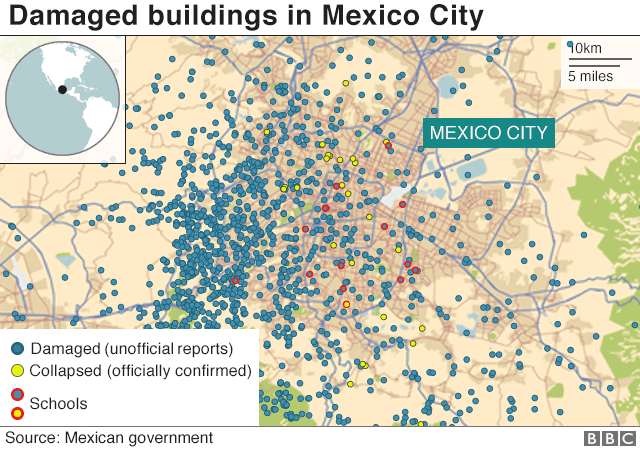 На карте показаны поврежденные здания в Мехико || |
