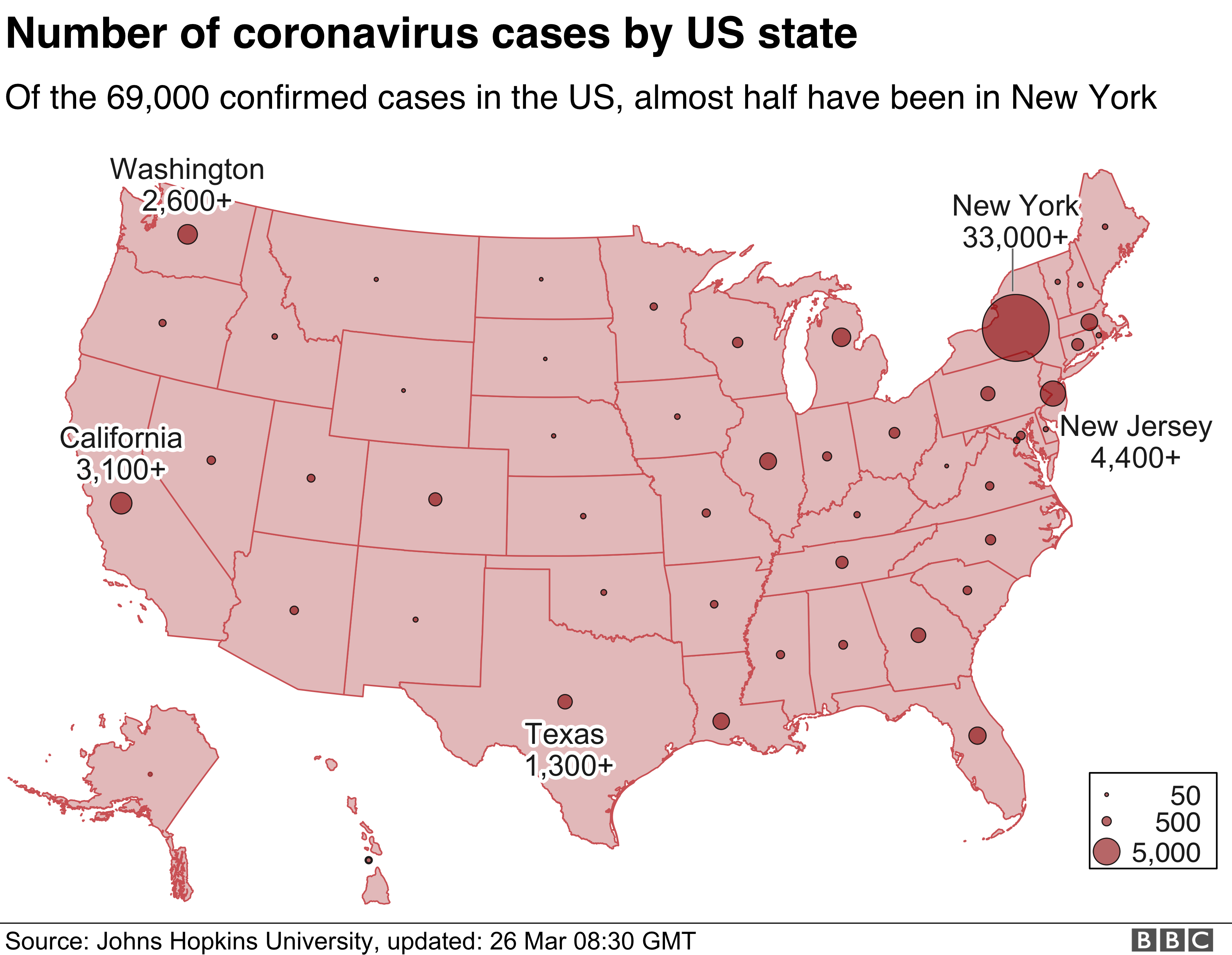 Карта, показывающая случаи заболевания в США по штатам - 33 000 человек в Нью-Йорке составляют более половины от общего количества по стране