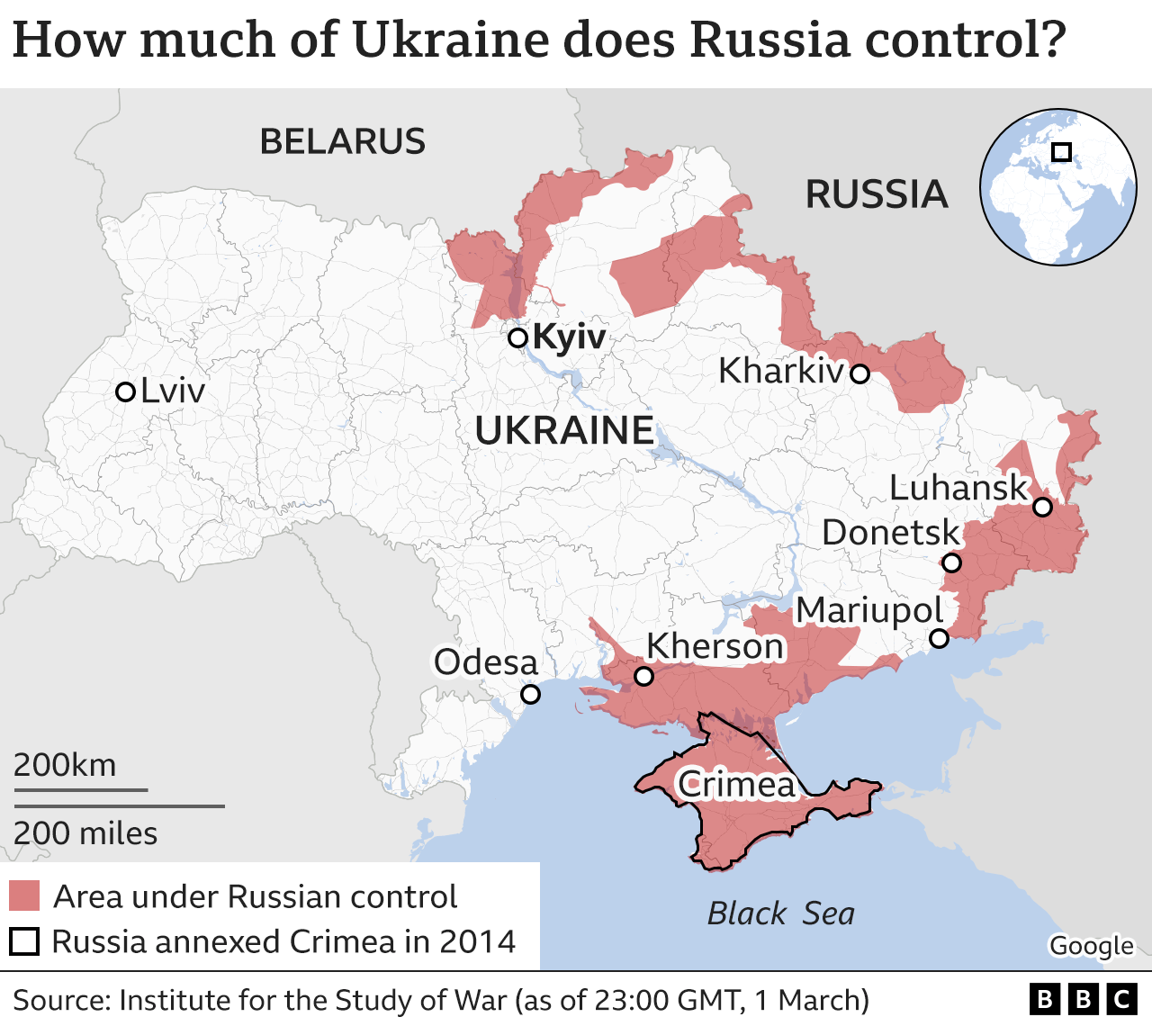 Map showing areas of Ukraine that are under Russian control.