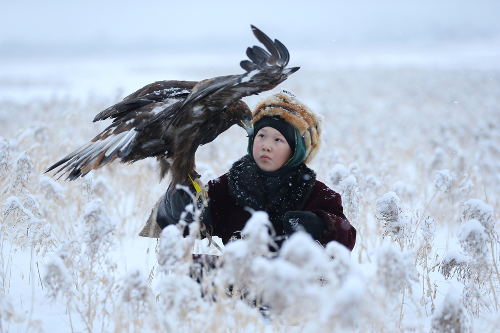 A person holding a golden eagle