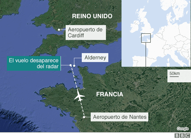 Mapa de la zona en la que desapareció la avioneta en la que viajaba Emiliano Sala