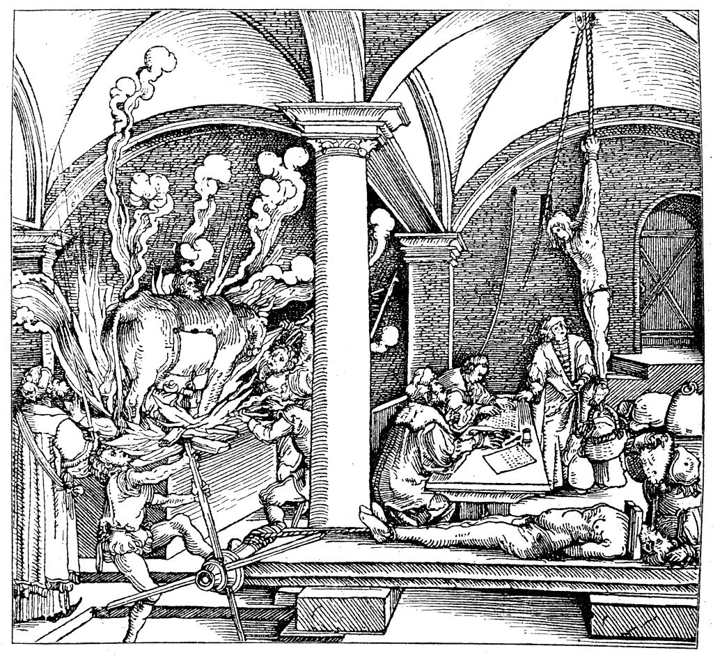 Ilustración de una cámara de tortura en Alemania en el siglo XVI.
