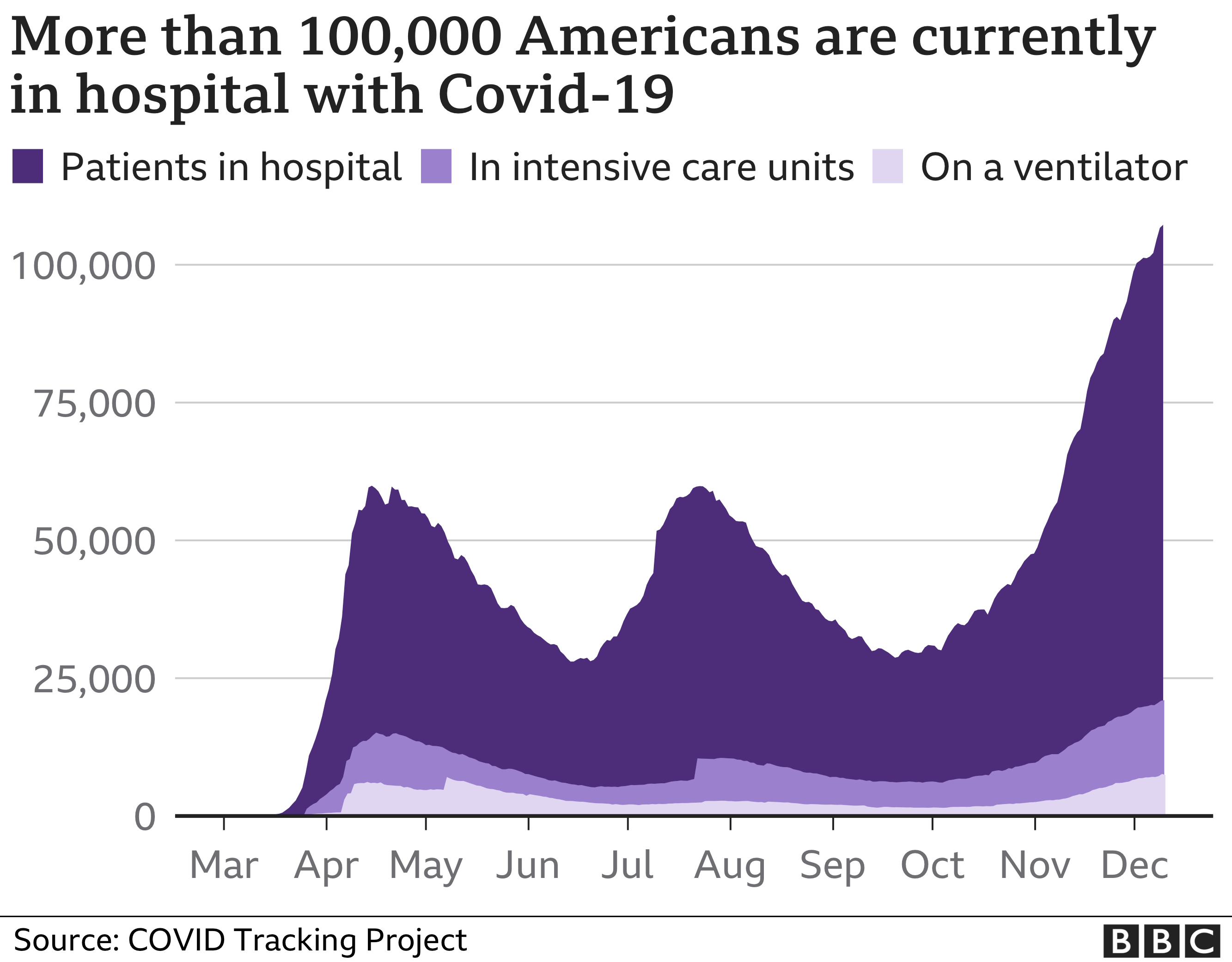 Chart showing the number of Covid-19 patients in US hospitals since the start of the pandemic