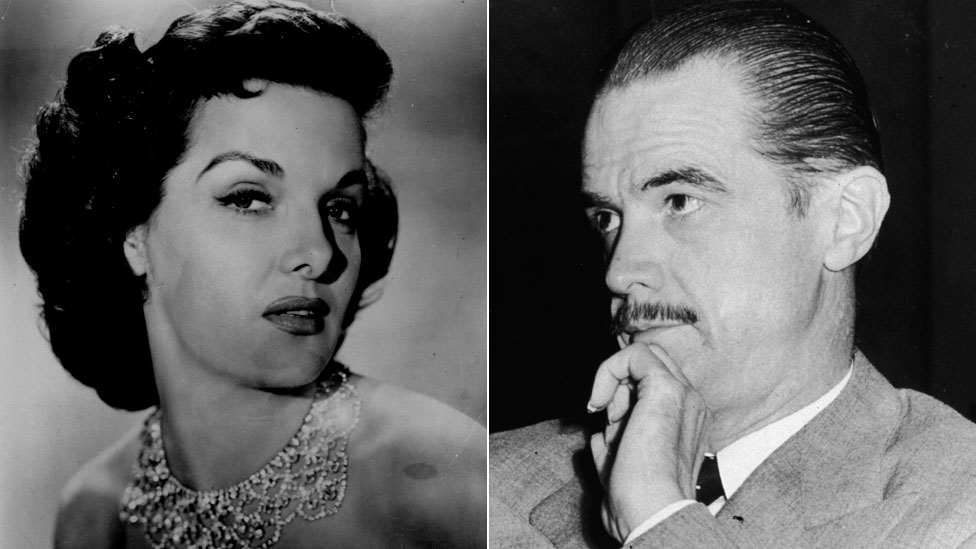 La actriz Jane Russel y el empresario e inventor Howard Hughes. Jane Russell y Howard Hughes