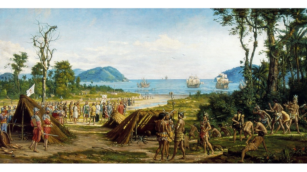 Quadro mostra chegada de portugueses a praia