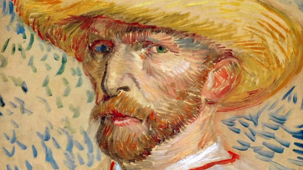 Close up of the painting, titled "Self-Portrait with Straw Hat"