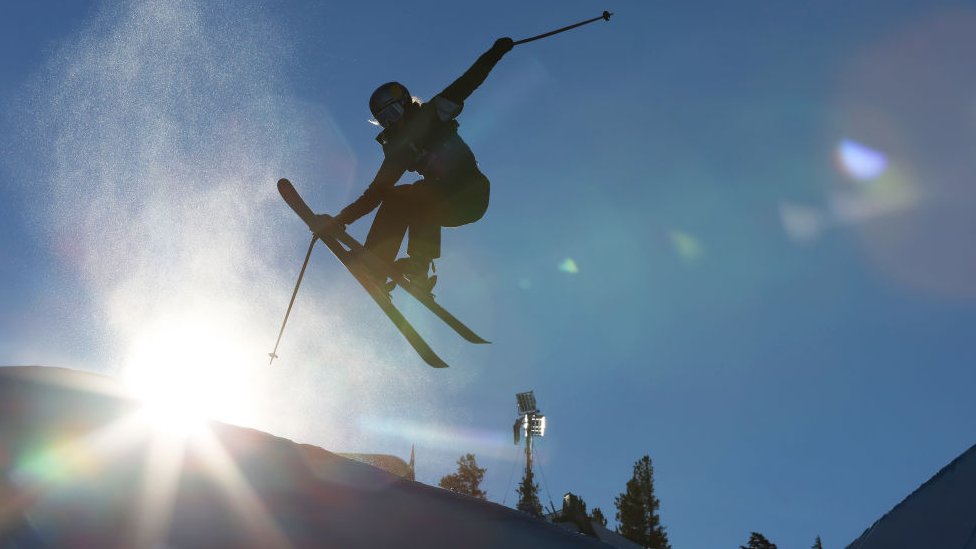 Ailing Eileen Gu of Team China takes a training run for the Women's Freeski Halfpipe competition at the Toyota U.S. Grand Prix at Mammoth Mountain