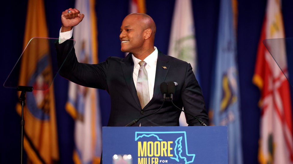 Democratic gubernatorial nominee Wes Moore celebrates before addressing supporters after defeating Republican nominee Dan Cox on 8 November 2022 in Baltimore, Maryland.