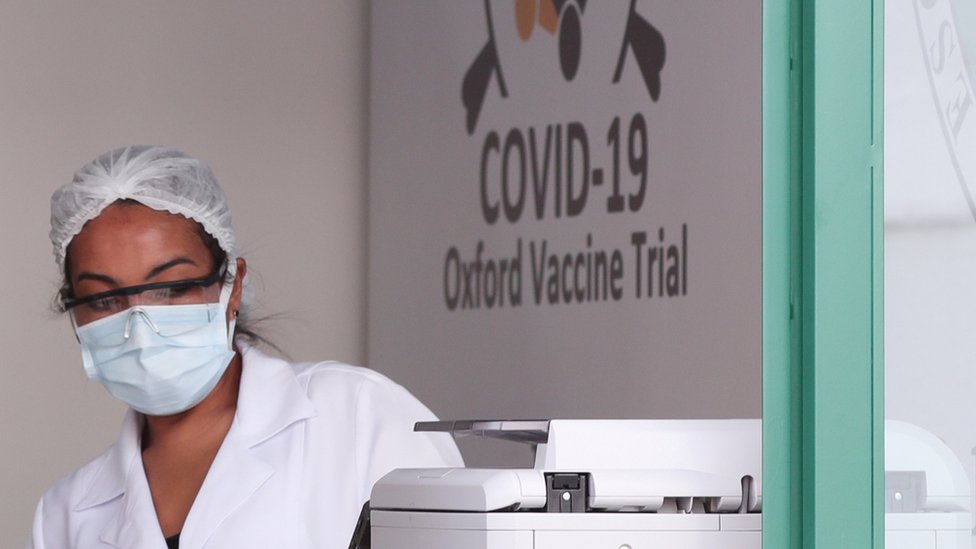 An employee is seen at the Federal University of Sao Paulo (Unifesp) where the trials of the Oxford/AstraZeneca coronavirus vaccine are being conducted