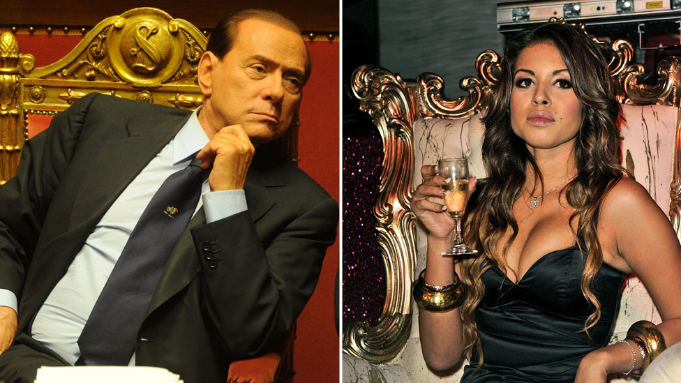 Una imagen compuesta muestra a Silvio Berlusconi, a la izquierda, inclinado casualmente en la silla dorada del Parlamento en 2010, mientras que a la derecha aparece Karima El-Mahroug, sentada en una silla dorada bastante más ornamentada en una sesión de fotos en un club nocturno, con un vestido negro y levantando una copa de champán