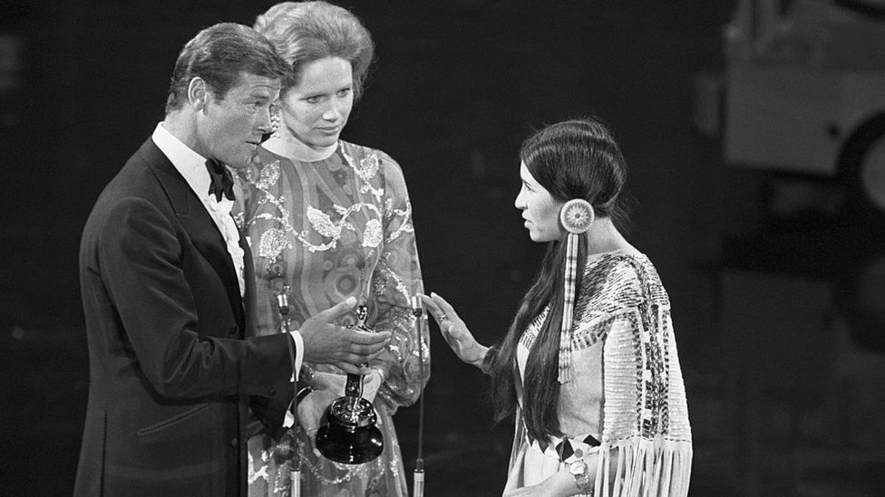At the 1973 Academy Awards, Sacheen Littlefeather refuses the Academy Award for Best Actor on behalf of Marlon Brando who won for his role in The Godfather.