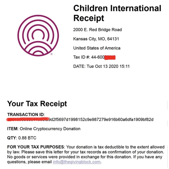 hackers tax receipt for one donation